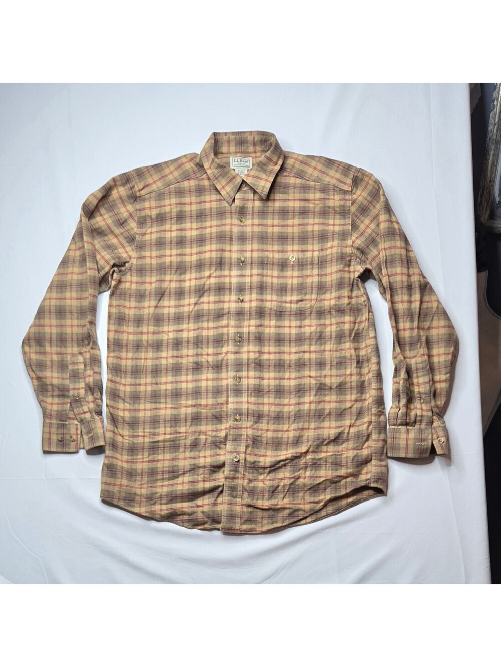 L.L. Bean Plaid Flannel Shirt Mens Medium Tall MT Brown Cotton Long Sleeve